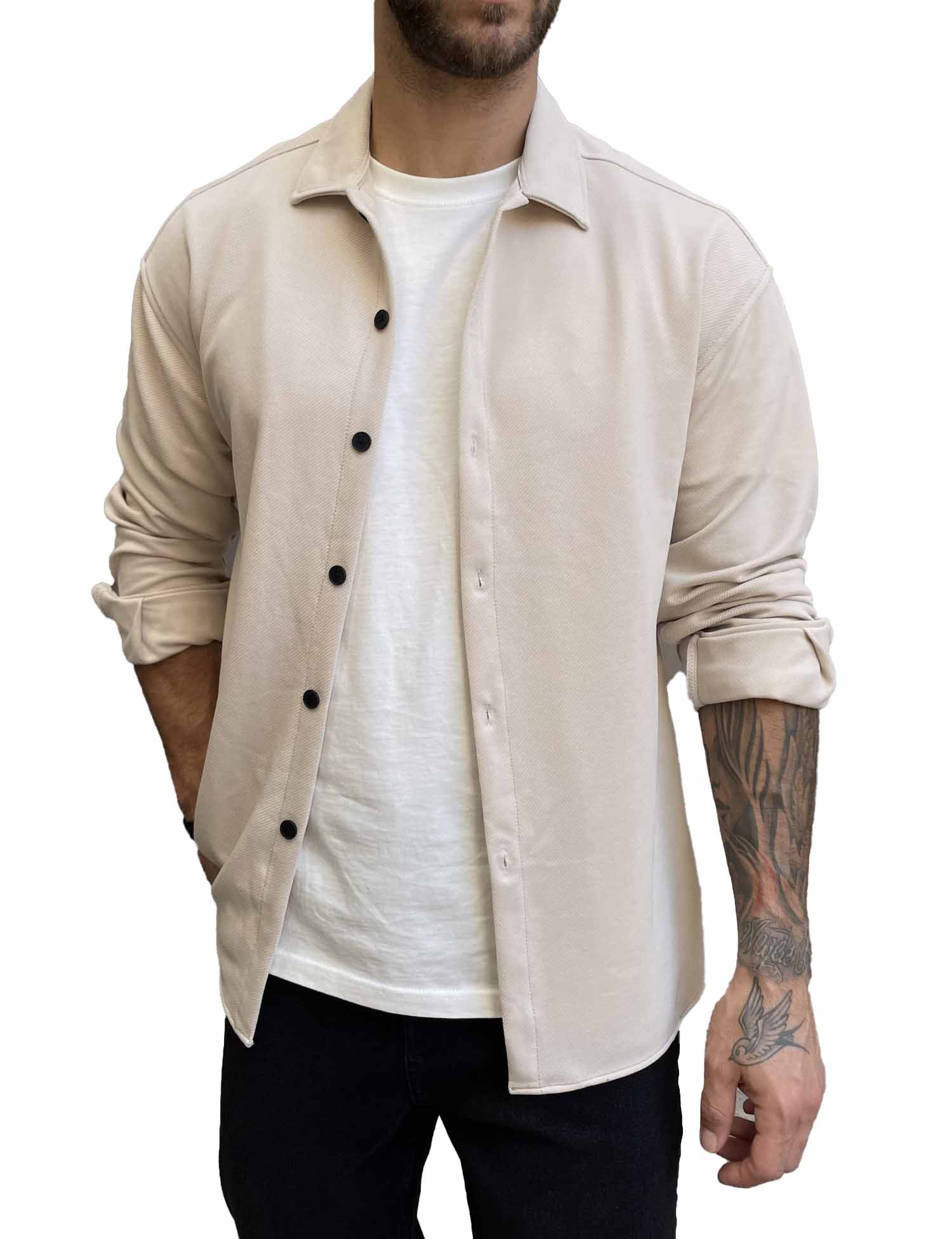 Ανδρικό μπεζ διαγωνάλ Overshirt με γιακά RMZ456B φωτογραφία